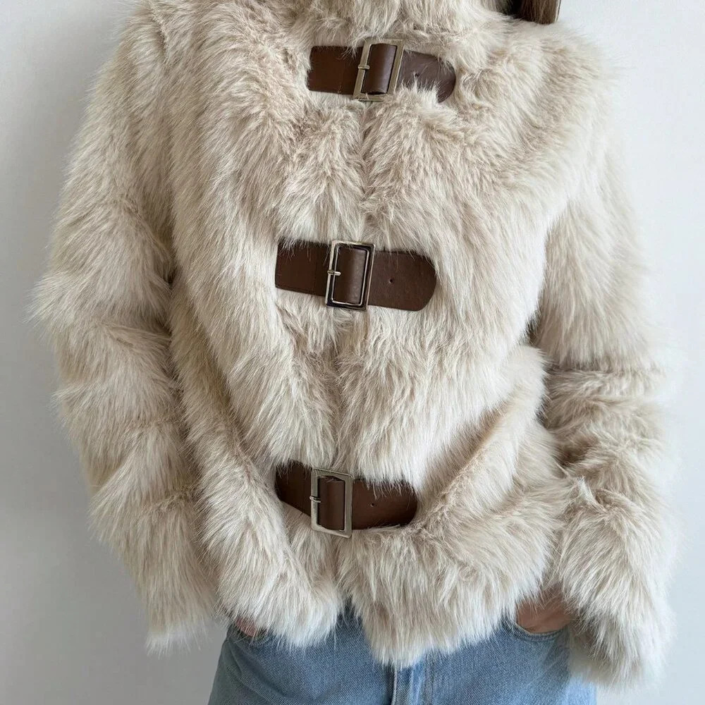 Apricot Casual Women's Stand Collar Fitted Long Sleeve Fluffy Button Jacket - Picture 2 of 9